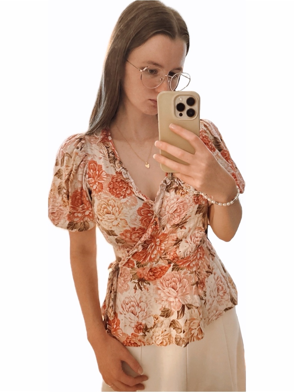 Portmans linen blend floral wrap top with puff sleeves